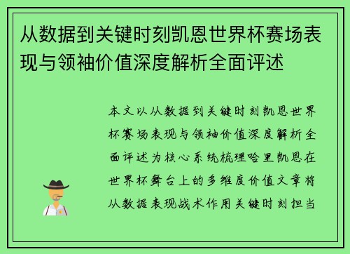 从数据到关键时刻凯恩世界杯赛场表现与领袖价值深度解析全面评述