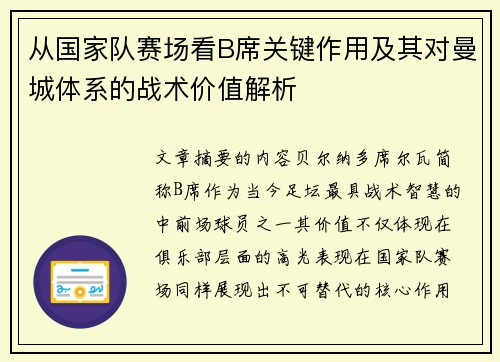 从国家队赛场看B席关键作用及其对曼城体系的战术价值解析 从国家队赛场看B席关键作用及其对曼城体系的战术价值解析