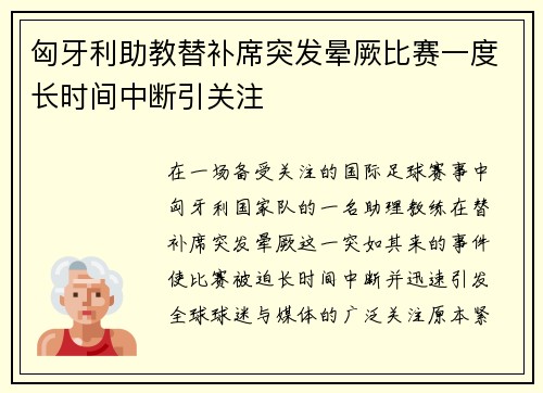匈牙利助教替补席突发晕厥比赛一度长时间中断引关注 匈牙利助教替补席突发晕厥比赛一度长时间中断引关注